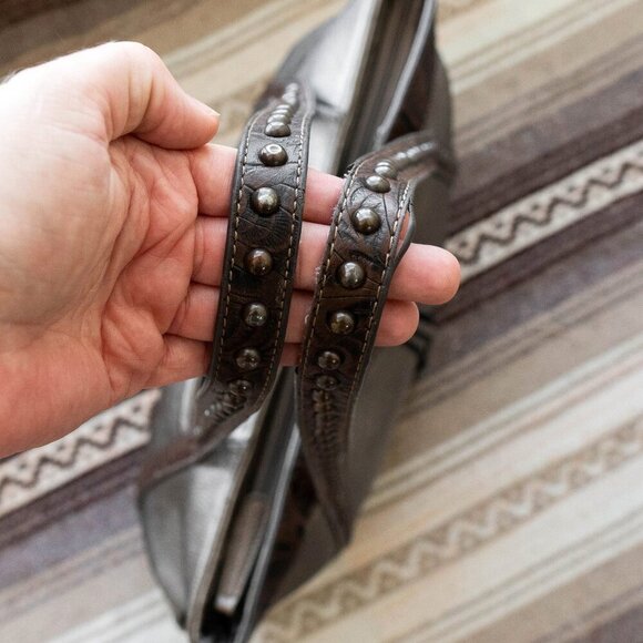 American West Bandana Tote Bronze Tooled Leather Tassels Studded Western - Picture 6 of 11